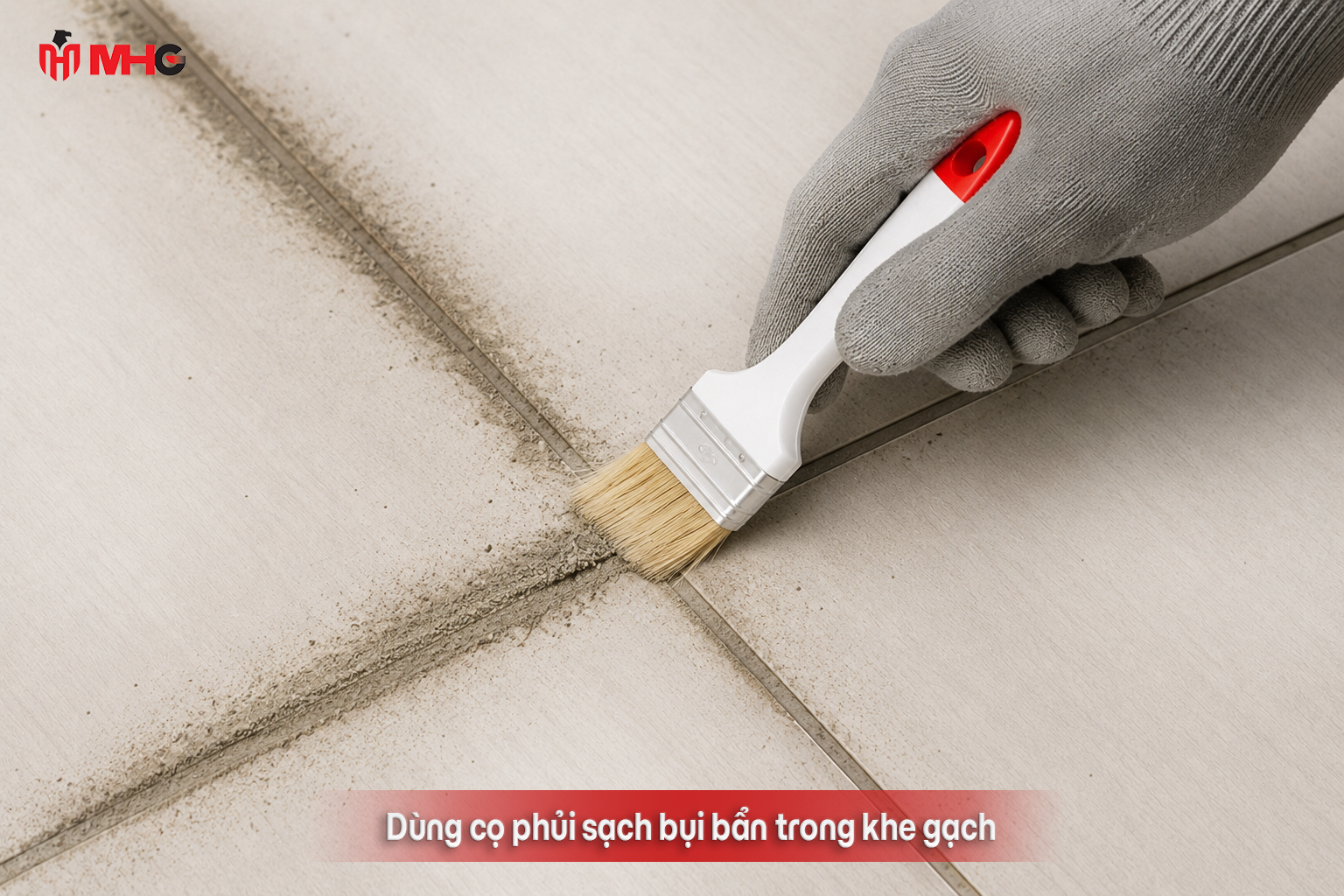 Dùng cọ phủi sạch bụi bẩn trong khe gạch